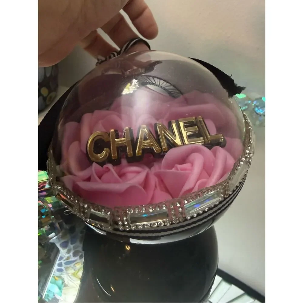 Luxury Pink Rose Ornament 4in Black Bow Gold Rhinestone Glam Chic Gift Decor